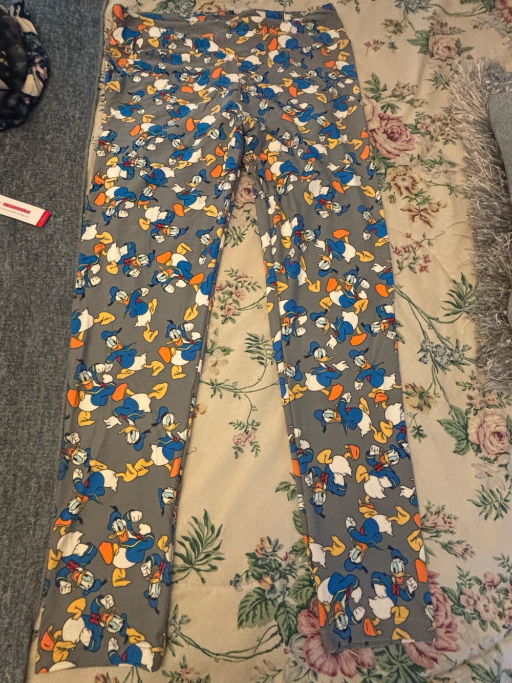 Disney Gray Donald Duck Leggings with Blue, Orange & Yellow Print